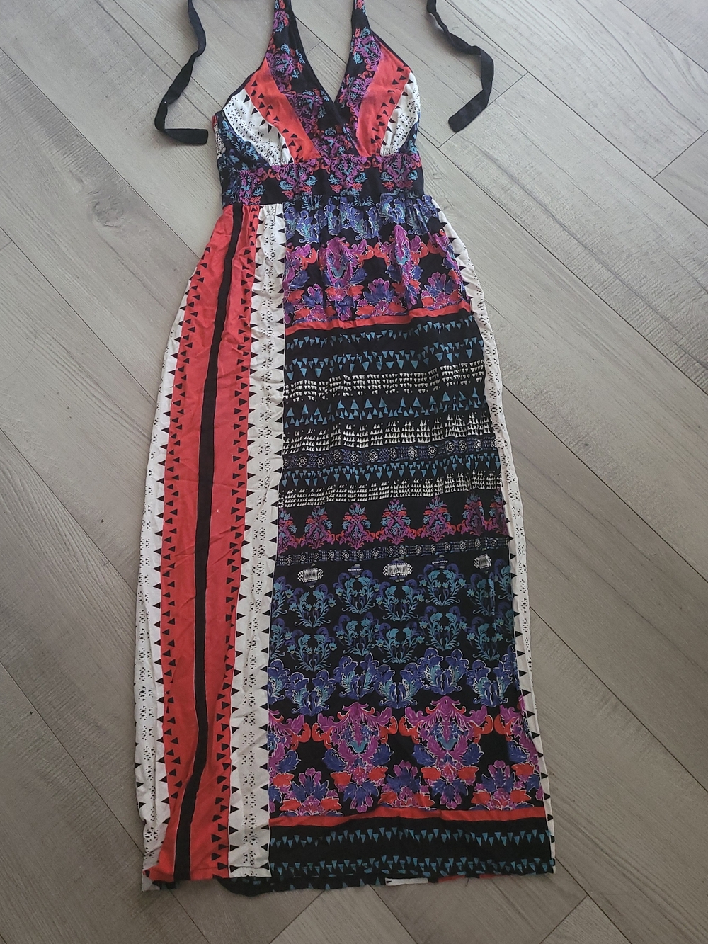Angie Bohemian Halter Maxi Dress in Black and Red with Purple Accents